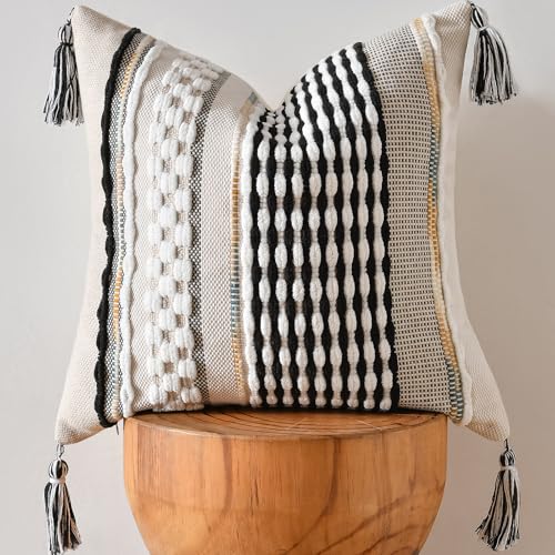 AmHoo Chenille Striped Textured Boho Throw Pillow Covers Aesthetic with Tassels Woven Decorative Pillow Case for Couch Bed Sofa Bedroom Modern Funky 18 x 18-Inch Black - color: Black, size: 18" x 18" (Pack of 1)