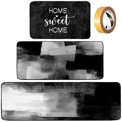 Fourluoo 3 Pcs Farmhouse Black Kitchen Rugs and Mats Set - color: Modern Black