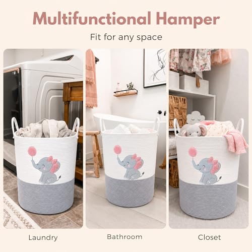 Elephant Baby Laundry Basket for Girl Nursery, Pink Rope Hamper, 20x15 in - color: Girl Elephant