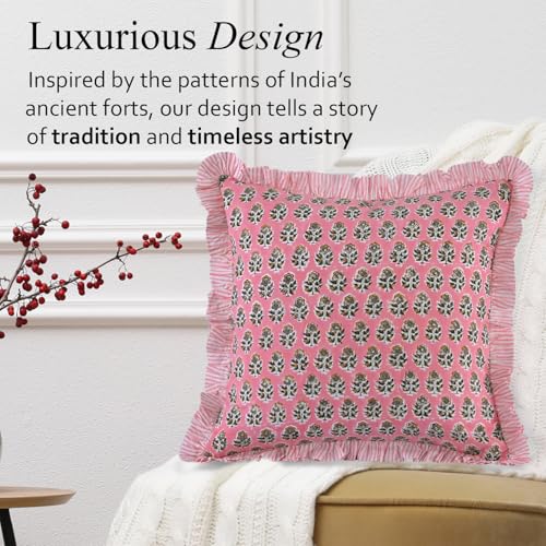 CPC Poppy Pink Block Print Ruffle Pillow Cover 16x16 Inch, Pack of 2 - color: Poppy Pink, size: 16" x 16" (Pack of 2)
