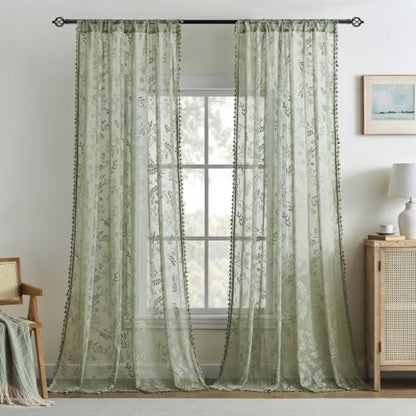 Kotile Sage Green Sheer Curtains 84 Inches Long, Boho Lace Window Panels - color: Sage Green, size: 52"W x 84"L (Pack of 2)
