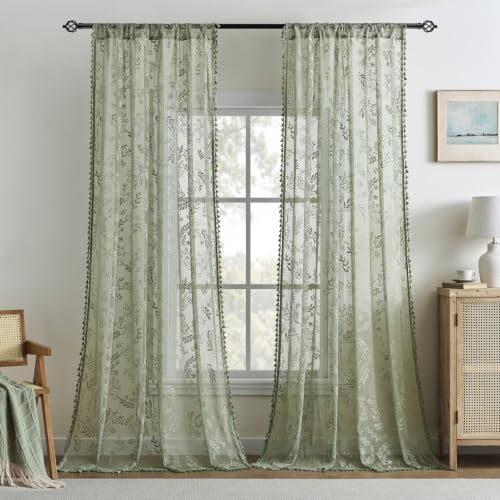 Kotile Sage Green Sheer Curtains 72 inches Long, Boho Lace Window Panels - color: Sage Green, size: 52"W x 72"L (Pack of 2)