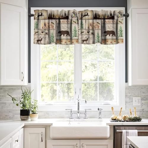 Rustic Cabin Valance Curtain, Lake Country Lodge Bear Deer Forest Farmhouse Camp Woodland Brown Blackout Short Window Curtain for Bedroom Living Room Kitchen,54x18in - color: Bear-10