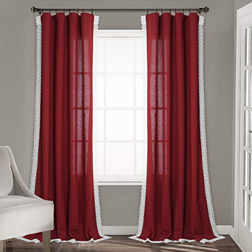 Lush Decor Rosalie Light Filtering Window Curtain Panel Set- Pair- Vintage Farmhouse & French Country Style Curtains - Timeless Dreamy Drape - Romantic Lace Trim - 54" W x 95" L, Red - color: Red, size: 54"W x 95"L (Pack of 2), style: Window Panel