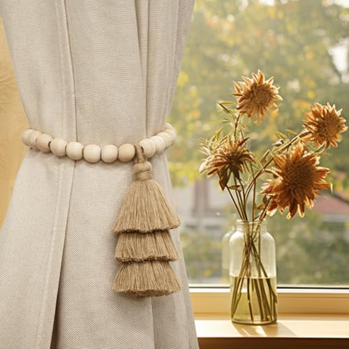 Magnetic Curtain Tiebacks with Wood Beads, Boho Rope Drapery Holdbacks with Triple Tassels, No Drill Curtain Holders for Farmhouse Bedroom, Living Room or Nursery, 2 Pack, Taupe - color: Taupe