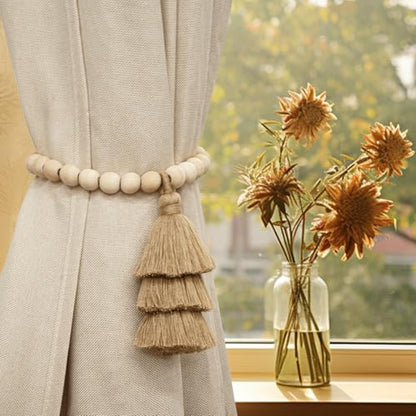 Magnetic Curtain Tiebacks with Wood Beads, Boho Rope Drapery Holdbacks with Triple Tassels, No Drill Curtain Holders for Farmhouse Bedroom, Living Room or Nursery, 2 Pack, Taupe - color: Taupe