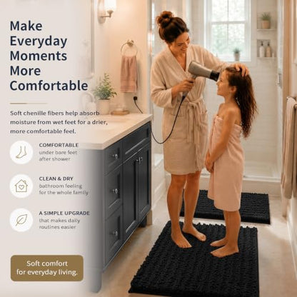 Yimobra Black Bathroom Rug Set 3 Piece, Super Water Absorbent Bath Mat Set - color: Black, size: 24"x17" + 24"x20" + 30"x20"