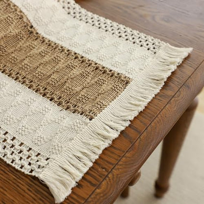 Simple&Opulence Boho Macrame Table Runner - 12 x 60 Inch, Splicing Burlap Farmhouse Cotton Table Runner with Fringed Edges for Bohemian Rustic Wedding, Bridal Shower, Dinner （White & Brown） - size: 12"x60", style: Brown