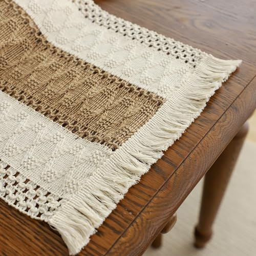 Simple&Opulence Boho Macrame Table Runner - 12 x 108 Inch, Splicing Burlap Farmhouse Cotton Table Runner with Fringed Edges for Bohemian Rustic Wedding, Bridal Shower, Dinner （White & Brown） - size: 12"x108", style: Brown