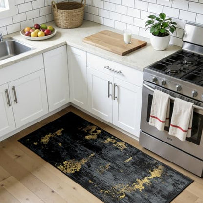 RELEANY Washable 2'x5' Abstract Area Rug for Living Room Black Gold - color: Black/Gold, size: 2' x 5' (Rectangular)