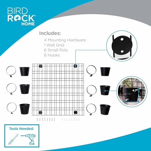 BIRDROCK HOME 6 Pot Garden Wall Grid - Flower or Succulent Planter Pots - Indoor or Outdoor Plant Organizer Rack - Black