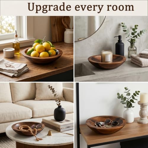 ZENFUN Wooden Decorative Bowl, Walnut Tray Dish Kitchen Dining for Fruit and Salad, Round Hand Crafted Walnutwood Serving Bowl, Home Decor Wood Bowls 10.8" Diameter x 2.6" Height, Seamless