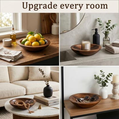 ZENFUN Wooden Decorative Bowl, Walnut Tray Dish Kitchen Dining for Fruit and Salad, Round Hand Crafted Walnutwood Serving Bowl, Home Decor Wood Bowls 10.8" Diameter x 2.6" Height, Seamless