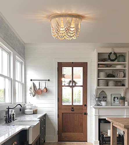 AMZASA Wood Beaded Flush Mount Ceiling Light Farmhouse Rustic Small Boho Chandelier Light Fixture for Bedroom Hallway Entryway Closet Kitchen Dining Room Living Room Nursery 3-Lights - color: Hemp Rope Ceiling Light