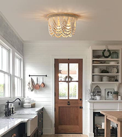 AMZASA Wood Beaded Flush Mount Ceiling Light Farmhouse Rustic Small Boho Chandelier Light Fixture for Bedroom Hallway Entryway Closet Kitchen Dining Room Living Room Nursery 3-Lights - color: Hemp Rope Ceiling Light