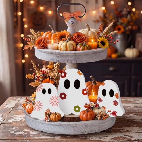 Gerrii 3 Pcs Cute Ghost Halloween Table Decorations Indoor, Floral Ghost Wooden Block Signs, Halloween Tiered Tray Decor, Holiday Tabletop Centerpieces for Holiday Party Home Office Shelf Display - style: Floral