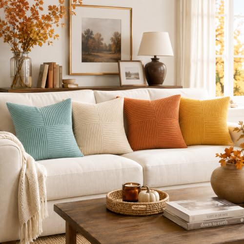 Topfinel Fall Pillow Covers Set of 4,Soft and Cozy Velvet Blue Throw Pillow Covers for Couch with Double-Sided Designs,Mix and Match for Couch Boho Farmhouse Home Decor 20x20 Inch - color: Orange Teal, size: 20" x 20" (Pack of 4)