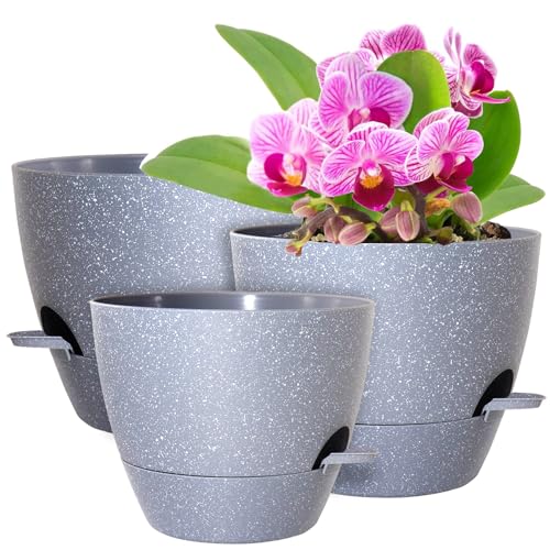 WSMKSZ 12/10/9 inch Self Watering Pots for Indoor Outdoor Plants, Set of 3 - color: Speckled Grey, size: 12"+10"+9"