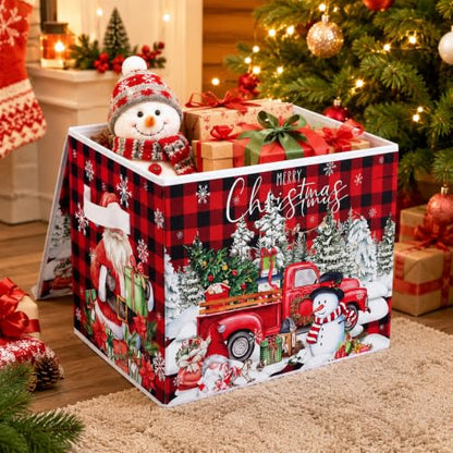 Briwooody Red Plaid Christmas Storage Bin with Lid and Carrying Handle - style: Plaid Christmas