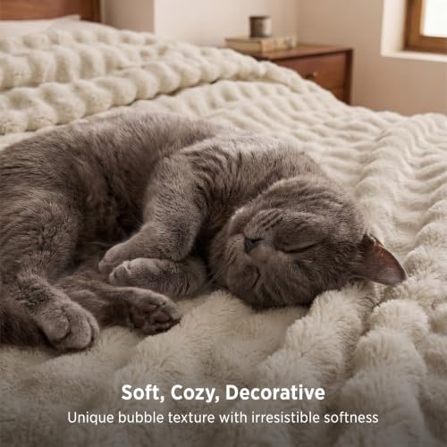 Bedsure Cloud Bubble Fleece Queen Blanket for Bed, Beige, 90"×90" - color: 04 Beige, size: Queen (90" X 90")