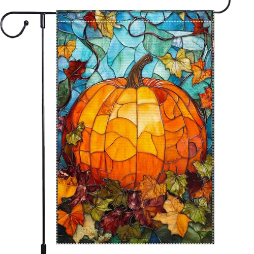 Fall Garden Flag For Outdoor Decor Thanksgiving Garden Flags Autumn Stained Glass Pumpkin Maple Leaf Double Sided Small Burlap Outside Porch Lawn Yard Flags Decorations 12.5x18 Inch - color: RMQ-565, size: 12"X18"