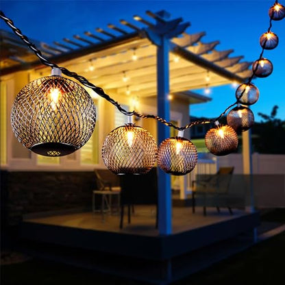 Decorative Lantern String Lights Plug in with 10 Black Metal Ball, Connectable Waterproof Outdoor Decorative String Lights Indoor for Bedroom Patio Pergola Festive Decor