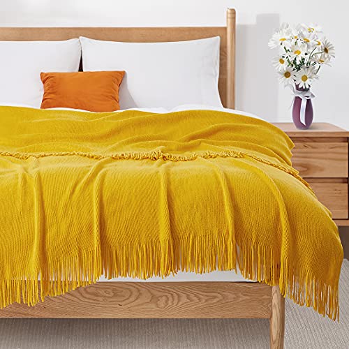 Homiest Mustard Yellow Knitted Throw Blanket with Fringe, 50x60 Inch - color: Mustard Yellow, size: 50" x 60"