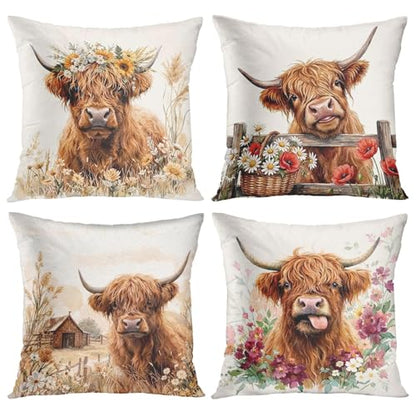 Throw Pillow Covers, Highland Rustic, Set of 4, 18"x18" - color: Highland Cow 2