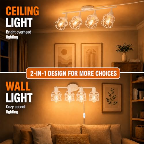 Dimmable Plug in Ceiling Light,Plug in Track Lighting,4 Light White Industrial Farmhouse Ceiling Light with 16.5' Cord,Adjustable Rotatable Cage Lamp Heads,E26 Base(Bulbs Not Included) - color: 4 Light White
