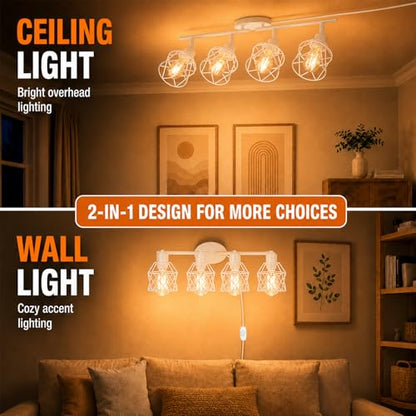 Dimmable Plug in Ceiling Light,Plug in Track Lighting,4 Light White Industrial Farmhouse Ceiling Light with 16.5' Cord,Adjustable Rotatable Cage Lamp Heads,E26 Base(Bulbs Not Included) - color: 4 Light White