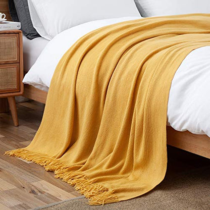 Vonty Mustard Yellow Knitted Throw Blanket with Tassels, 50x60 Acrylic - color: Yellow, size: 50" x 60"
