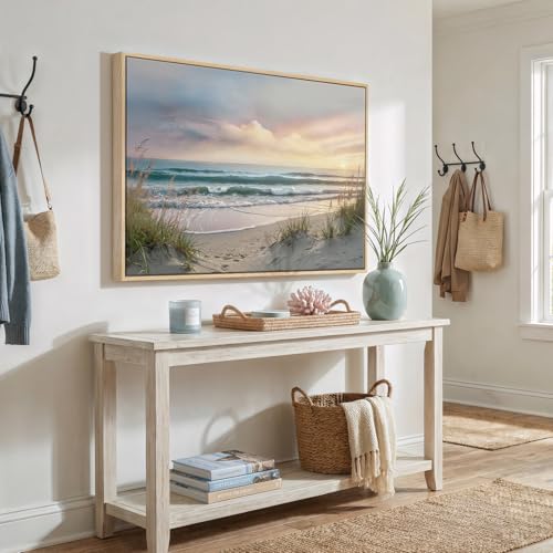 Framed Coastal Beach Sunset Landscape Wall Art for Living Room, 24x36 In - color: Blue-A