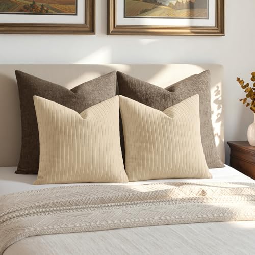 MIULEE Set of 2 Beige Textured Striped Throw Pillow Covers 18x18 Inch - color: Beige, size: 18" x 18" (Pack of 2)