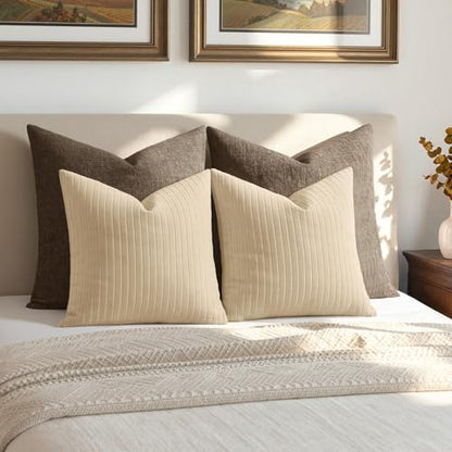 MIULEE Set of 2 Beige Textured Striped Throw Pillow Covers 20x20 Inch - color: Beige, size: 20" x 20" (Pack of 2)