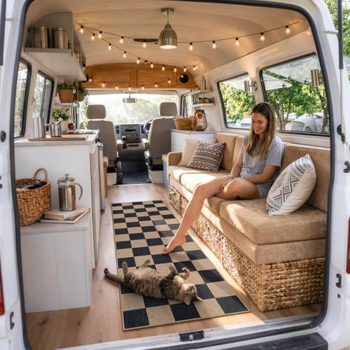 Lahome Checkered Easy Jute Outdoor Runner Rug, 2x6 Kitchen Rugs Washable - color: Black/Checkerboard -1, size: 2' x 6' (Runner)