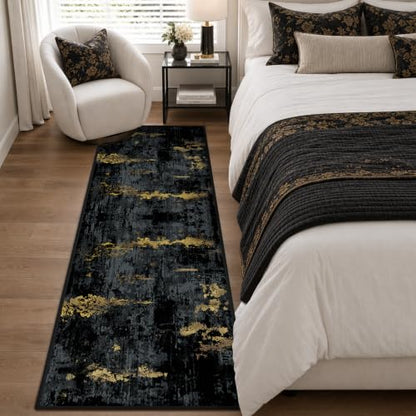 RELEANY Washable Runner 2'x6' Abstract Area Rug for Hallway Black Gold - color: Black/Gold, size: 2' x 6' (Runner)