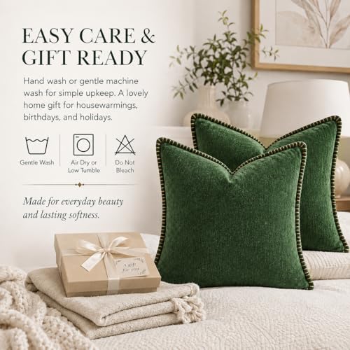 Green Throw Pillow Covers 18x18 Inch, Pack of 2 Chenille - color: Chenille-dgreen