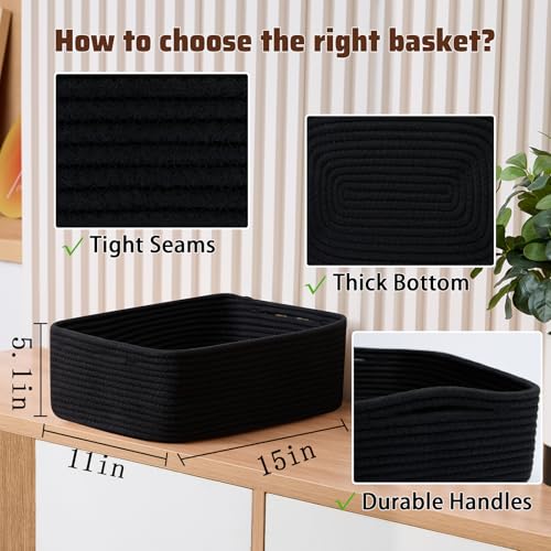 MiniArk Large Shallow Organizing Baskets 15x11x5.1 Inches - Rope Woven Storage Bins for Bathroom, Shelves, Cube Closet, Black 3 Packs - color: Black, size: 3pcs-L15×W11×H5.1"