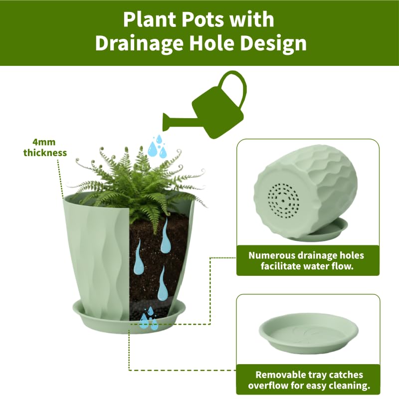 8 Inch Plastic Plant Pots for Plants with Drainage Holes and Saucer, 6 Pack - color: Green 8 Inch