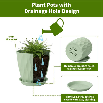 8 Inch Plastic Plant Pots for Plants with Drainage Holes and Saucer, 6 Pack - color: Green 8 Inch