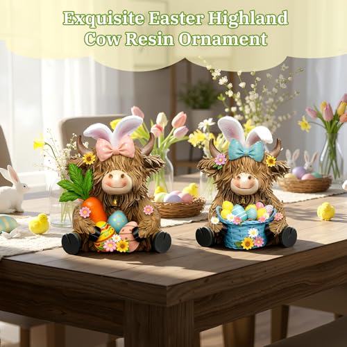 2 Pack Easter Highland Cow Figurine Decor, Resin Easter Decor - style: Easter