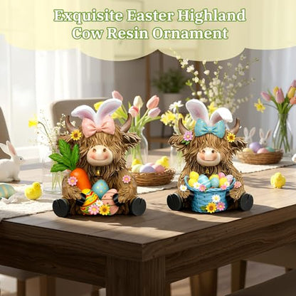 2 Pack Easter Highland Cow Figurine Decor, Resin Easter Decor - style: Easter