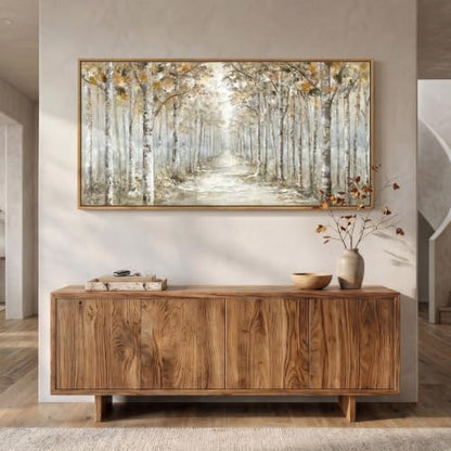 Framed Birch Tree Forest Landscape Wall Art for Living Room, 60x30 Inch - color: Brown White