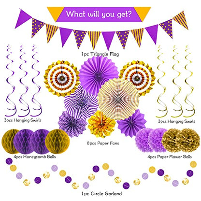 24 Pcs Purple Gold Party Decorations, Paper Fans Pom Poms Banner - color: Purple Gold