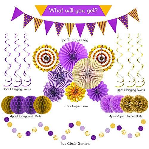 24 Pcs Purple Gold Party Decorations, Paper Fans Pom Poms Banner - color: Purple Gold