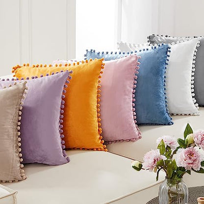 Deconovo Velvet Pom Pom Throw Pillow Covers for Couch, Invisible Zipper - color: Mustard Yellow, size: 24" x 24" (Pack of 2)