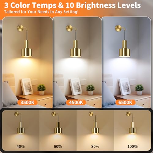 VerRon Rechargeable Wireless Battery Operated Wall Sconces Set of Two - color: Gold & Gold, size: Rechargeable Battery Powered