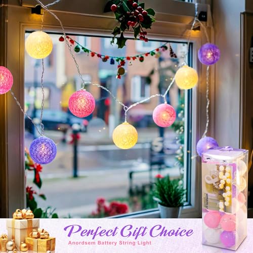 Anordsem Battery String Light Indoor: 6.88Ft/10 LED Cotton Ball Lanterns 2 Pack - Fairy Lavender Color Lighting Hanging Deco for Bedroom Party - Birthday Gifts for Babies Adults 25-50 - color: Lavender