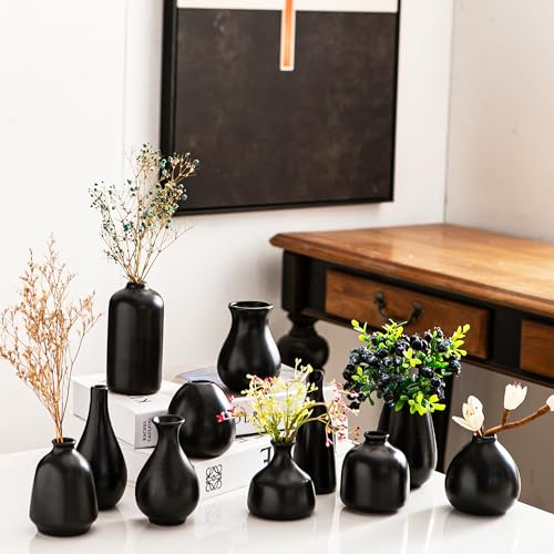 Ceramic Bud Vases, Black Mini Vase Set of 11, Small Pottery Vases for Flowers Mini Ceramic Vases for Pampas Grass Vase Bulk for Wedding Table Centerpieces Decoration Boho Home Decor - color: B-black Bud Vases 11pcs