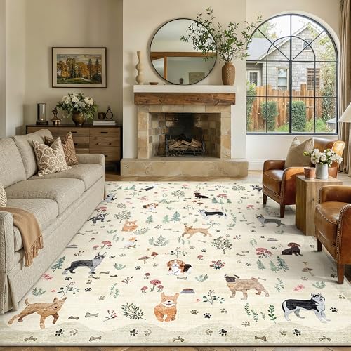 PureCozy Beige Washable Area Rug 8x10 for Living Room Floral Animal Accent - color: Beige/Dog, size: 8' x 10' (Rectangular)